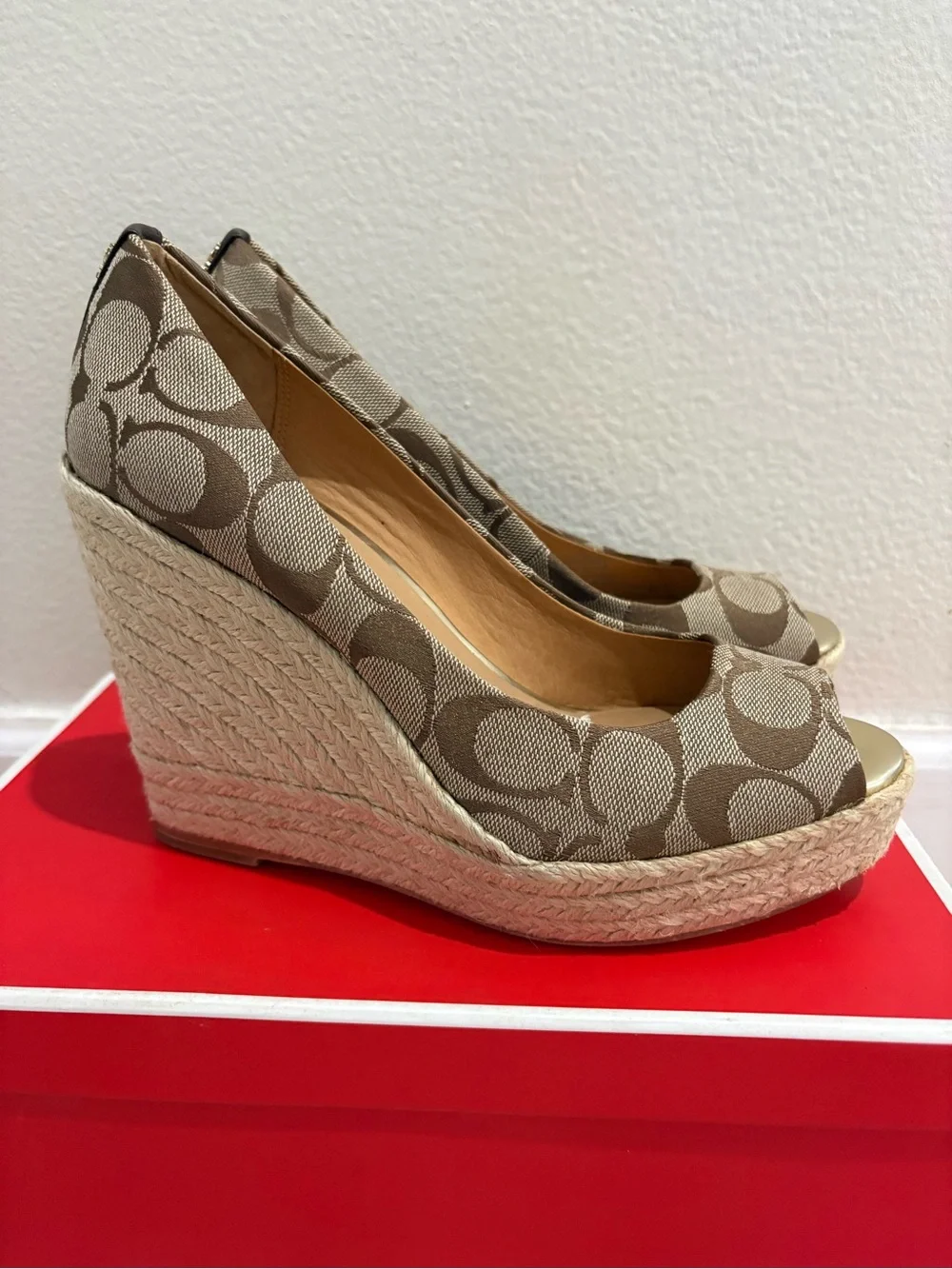Coach Signature Canvas Peep-Toe Wedge in Beige and Brown